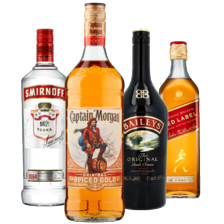 Captain Morgan spiced gold, Baileys, Johnnie Walker of Smirnoff vodka